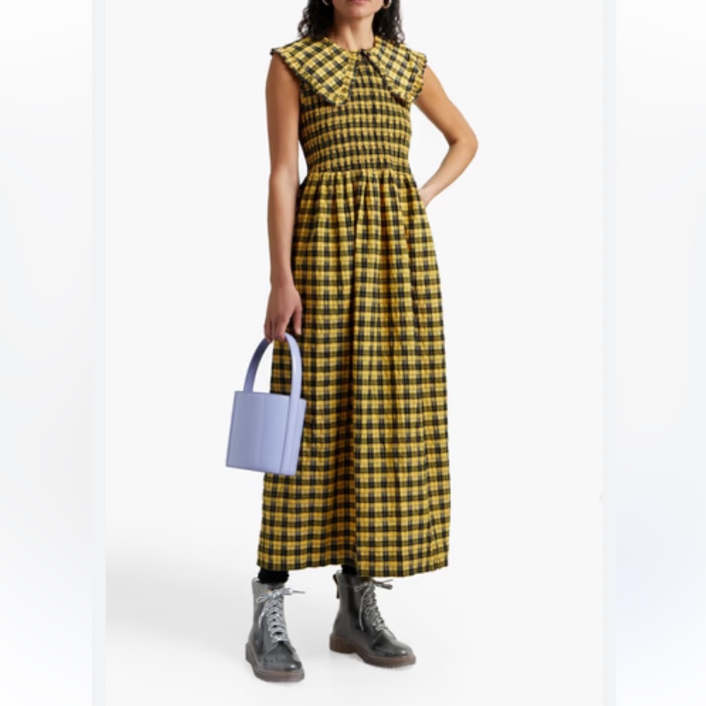 GANNI Collared Plaid Shirred Gingham Seersucker Yellow Maxi Midi Dress 36/ US 6
